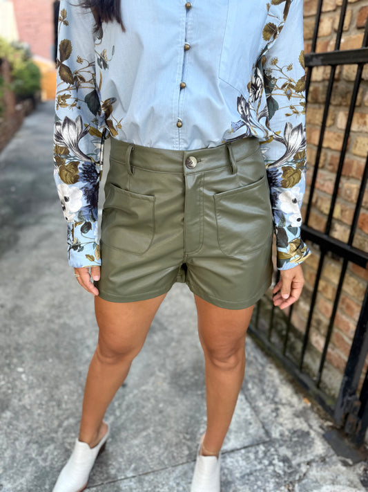 Jilian Faux Leather Shorts- Olive