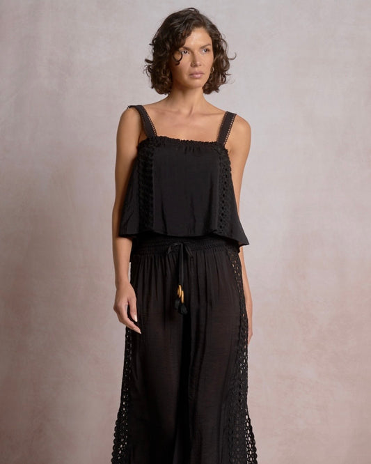 Doha Eyelet Flowy Tank- Black