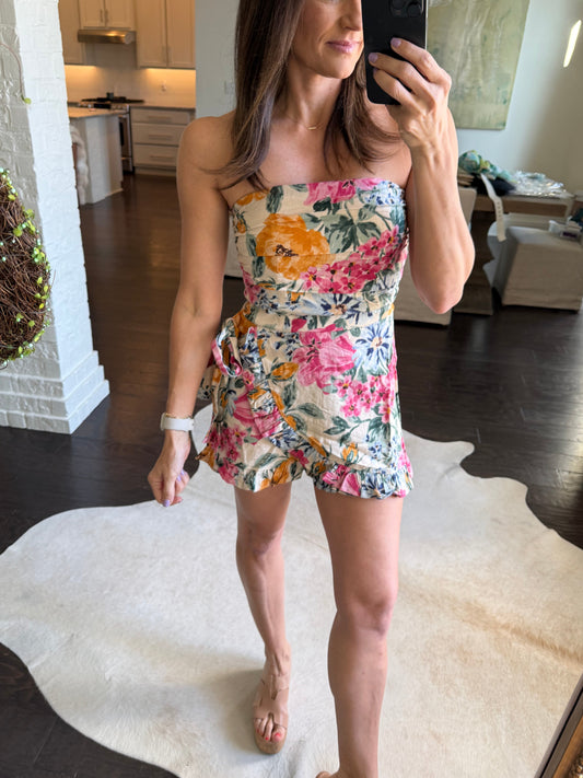 Toni Floral Ruffle Romper- Natural Multi