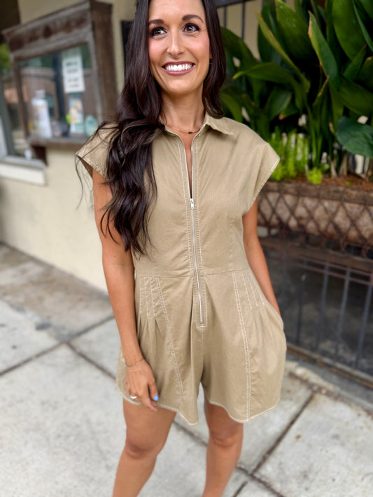 Seedling Contrast Stitch Romper- Khaki Ivory