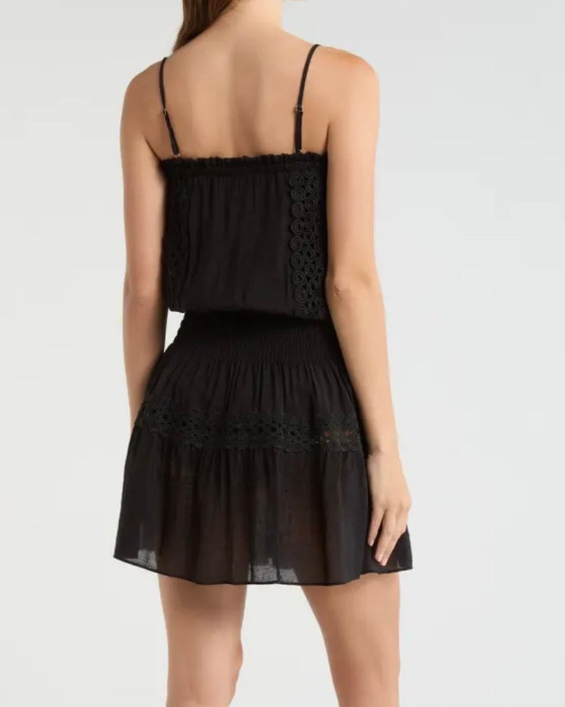 Eyelet Linen Mini Dress- Black