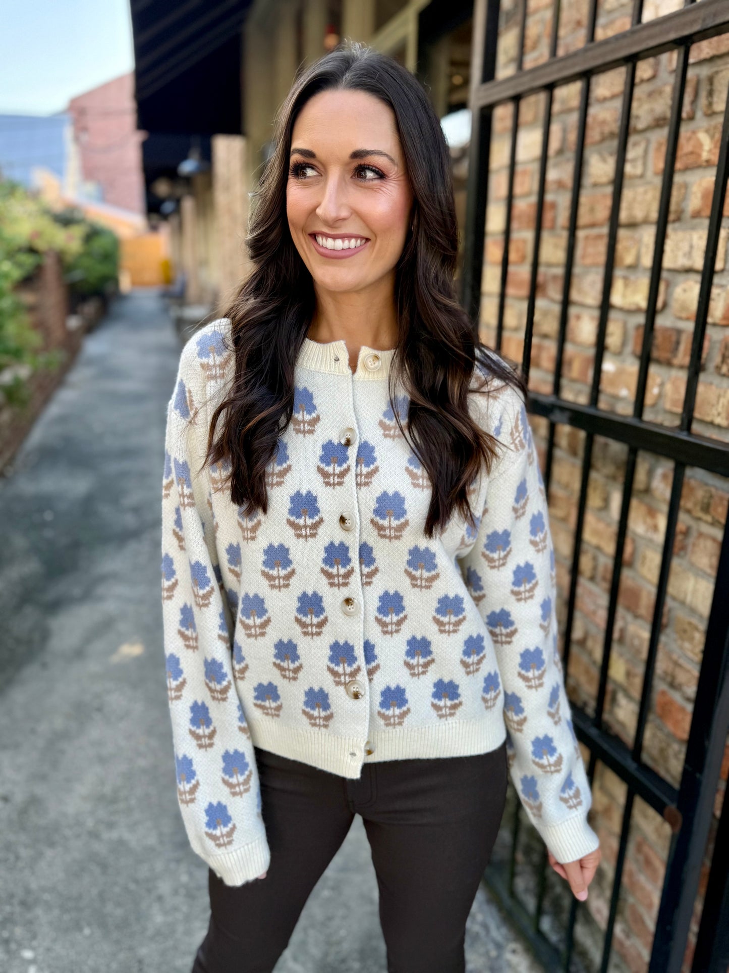 Revive Jacquard Cardigan- Cream/Blue