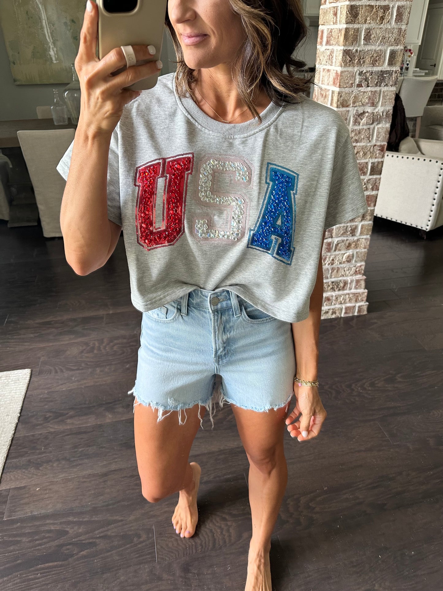 QOS Beaded USA Top- Grey