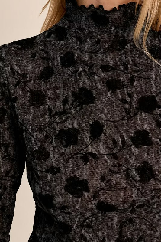 Semi Transparent Floral Top-Black