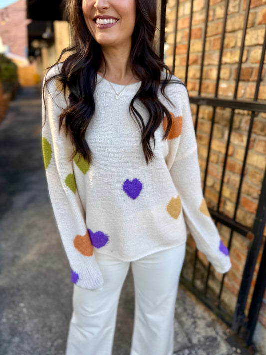 Mardi Gras Heart Sweater- Cream