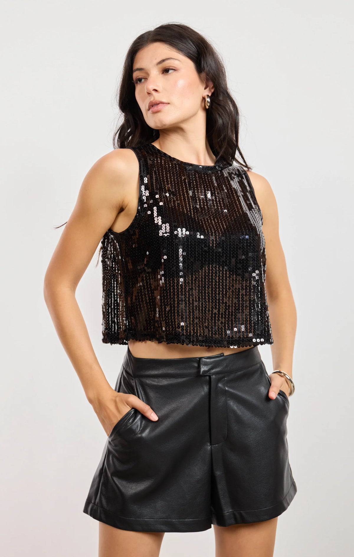 Encore Sequin Shell Top- Black