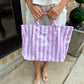 Glossy Striped Tote Bag- White/Pink