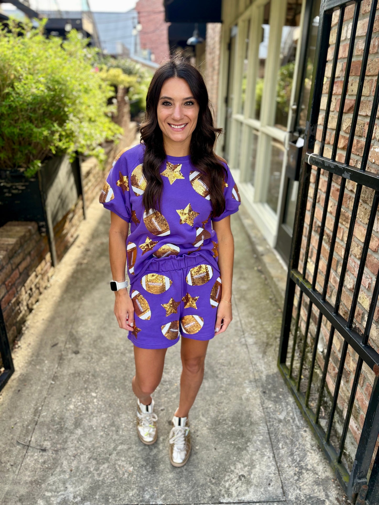 Scattered Football & Stars Shorts- Purple