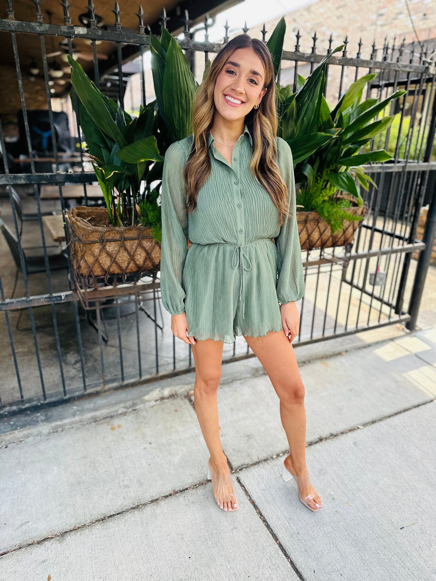 Gathering Button Up Romper- Dark Sage