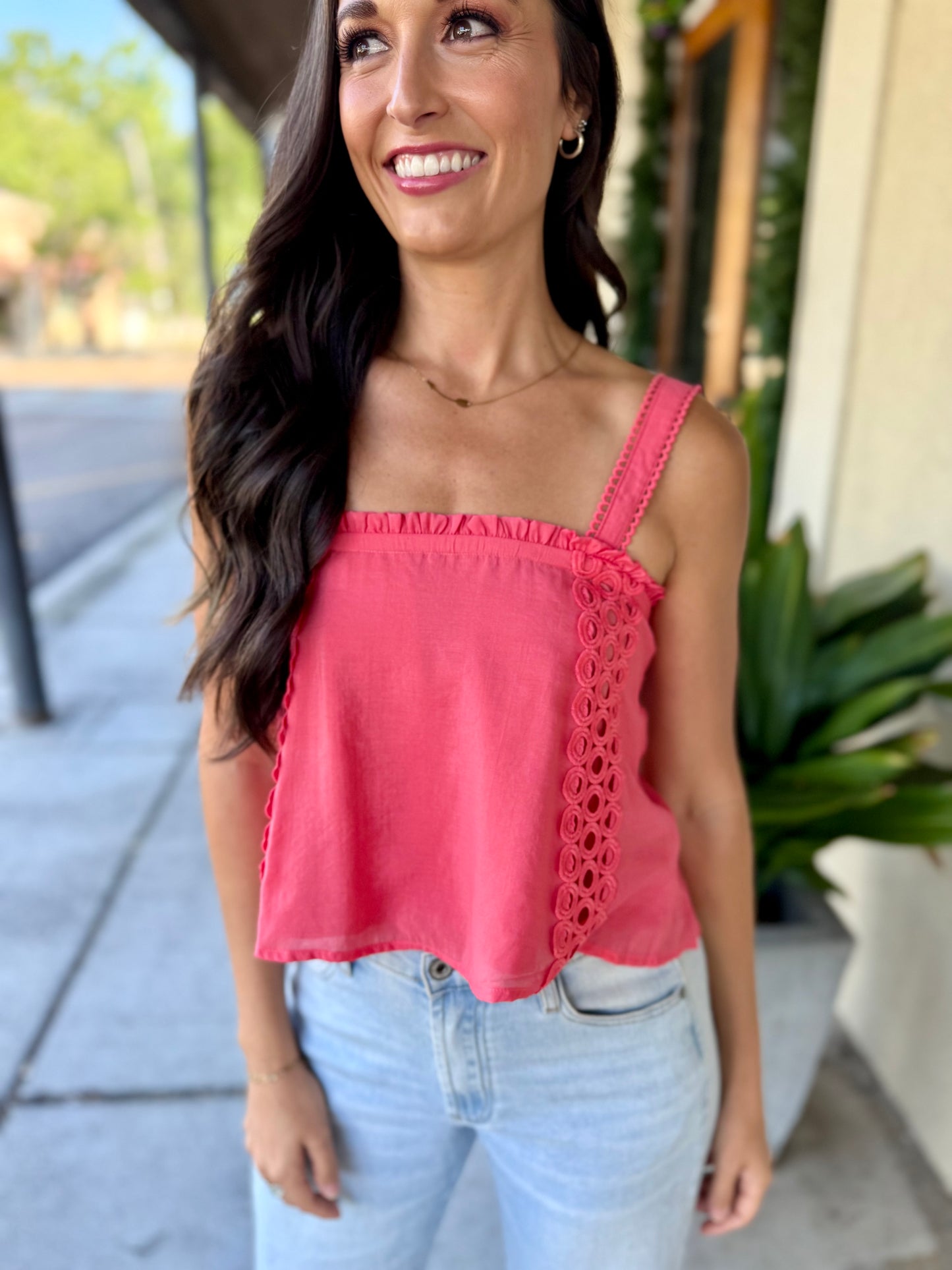 Doha Eyelet Flowy Tank- Bright Pink