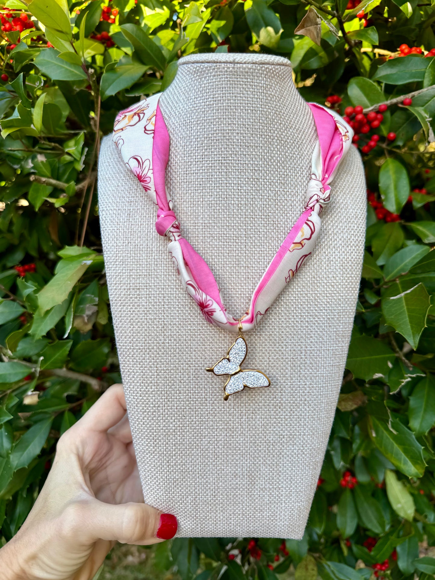 Scarf Necklace- Pink Hope/Butterfly