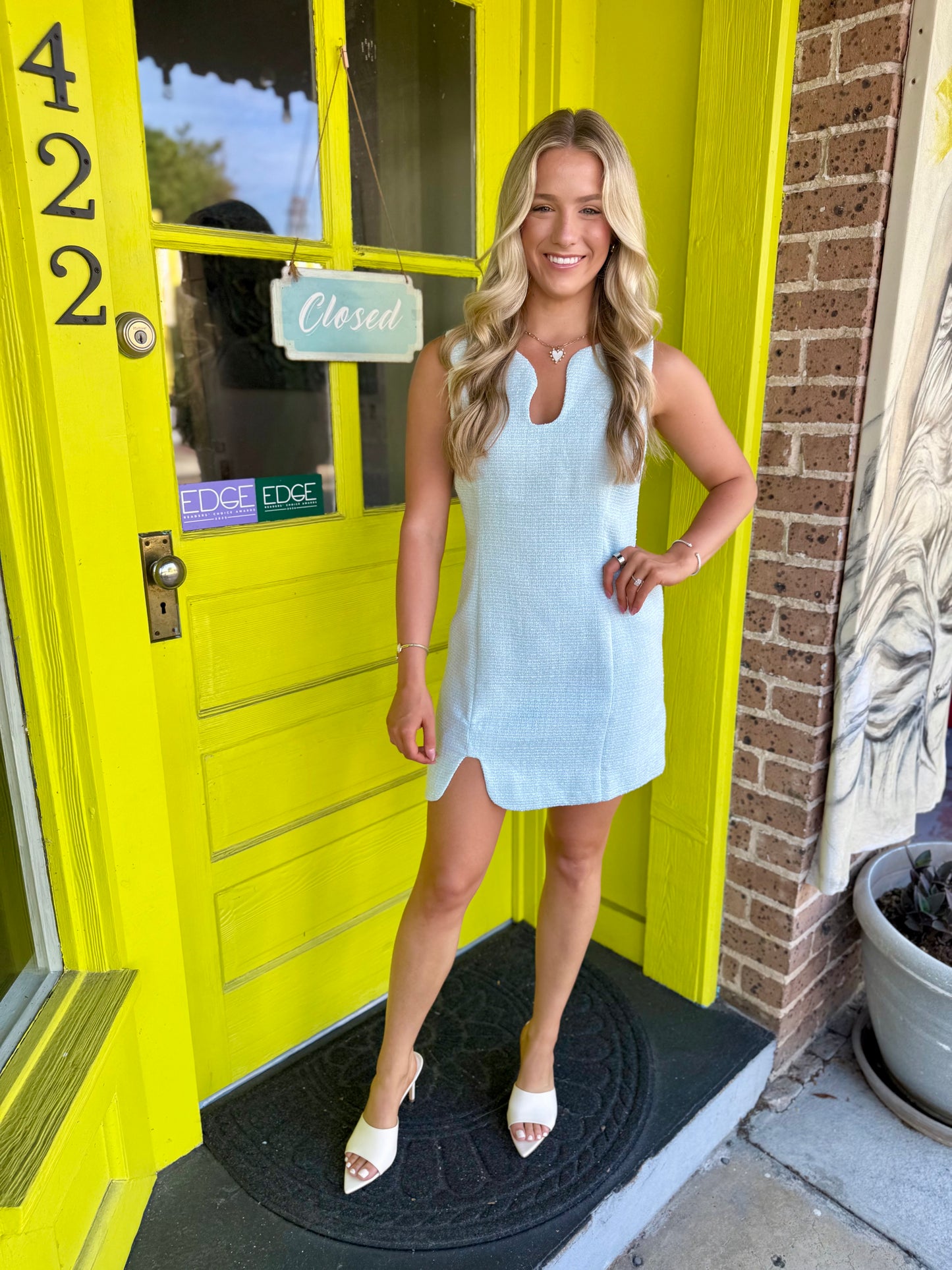 Wavy Cutout Tweed Dress- Lt Blue