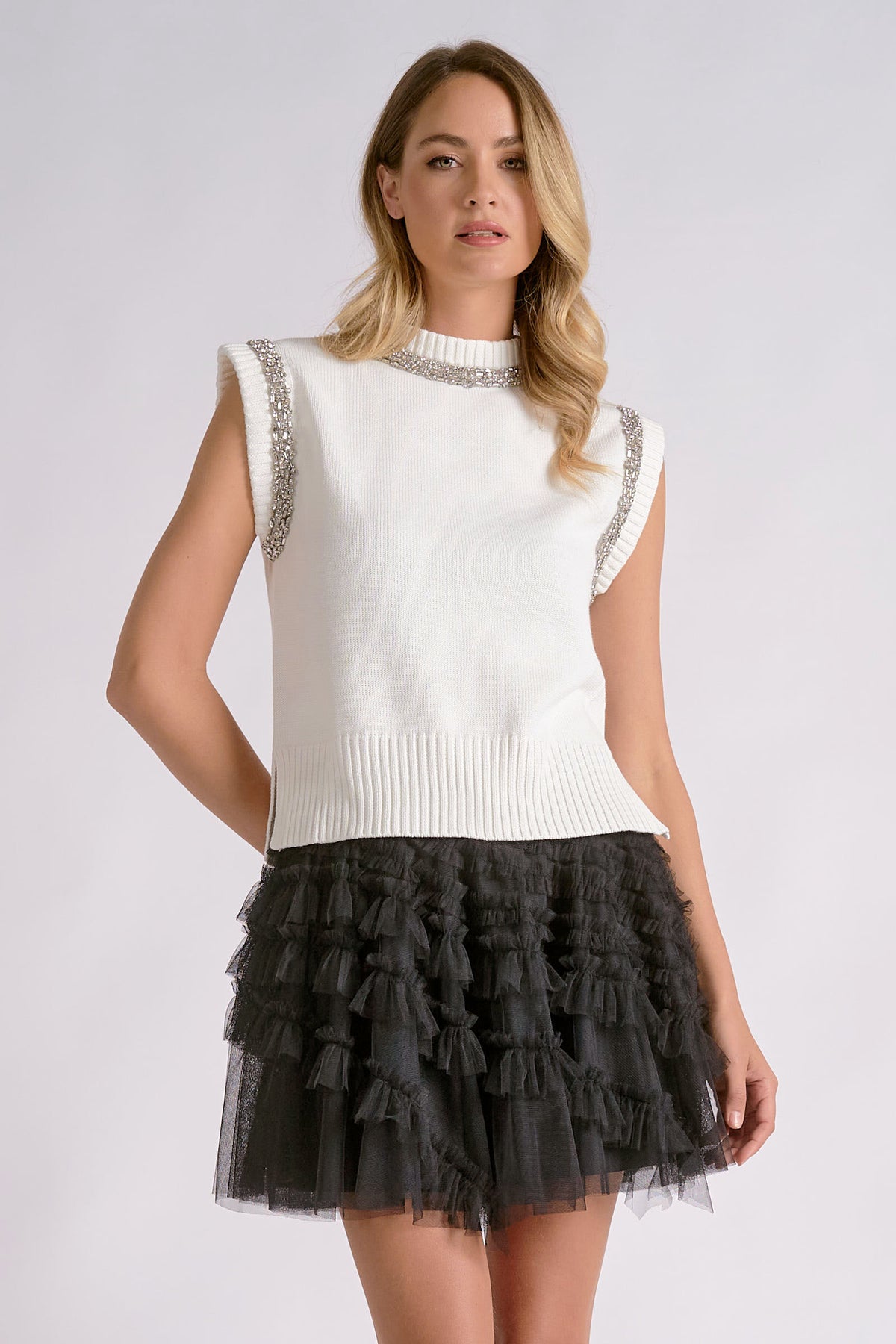 Glamour Edge Rhinestone Tank- White