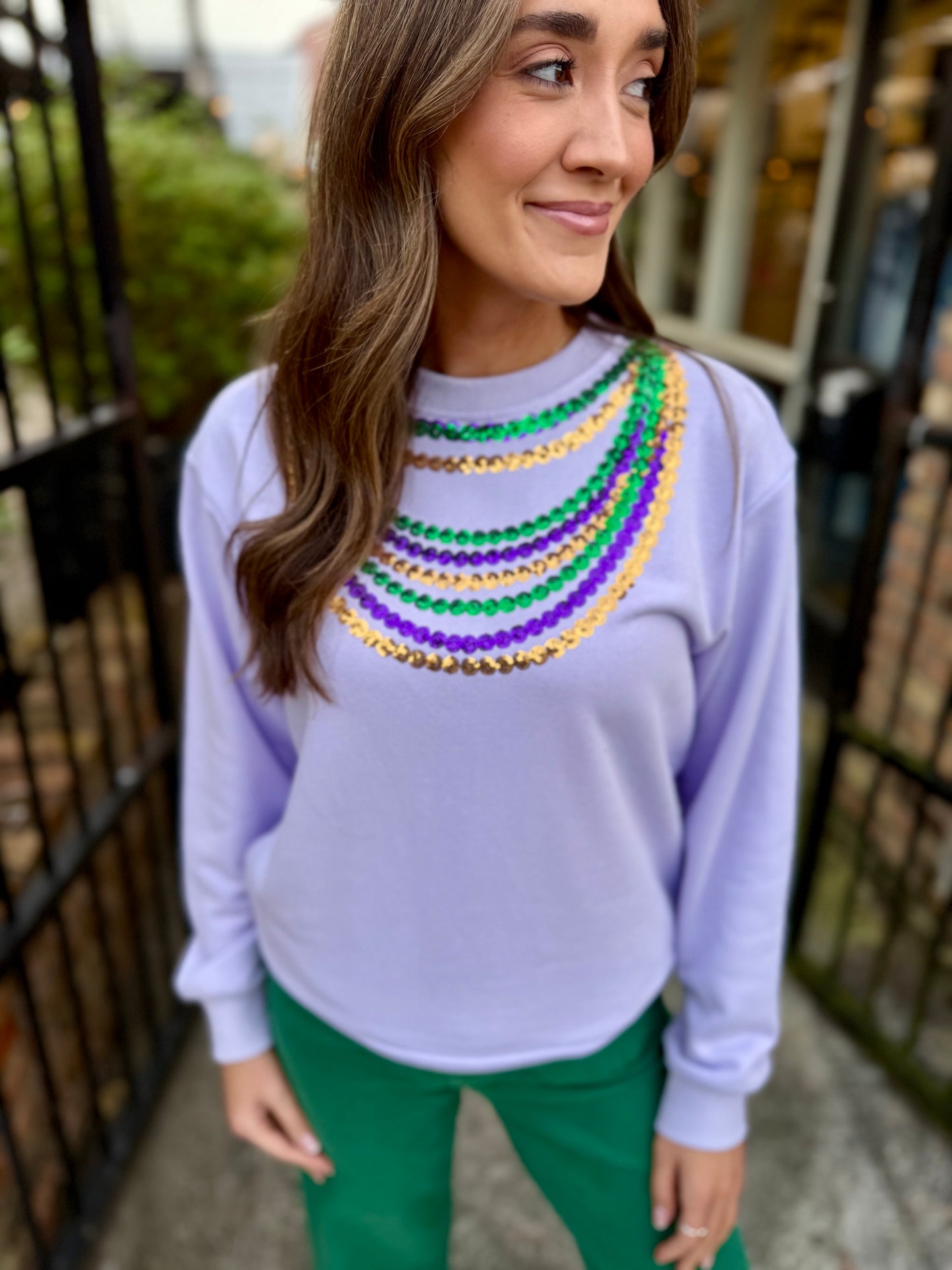 Mardi Gras Bead Sweatshirt- Lavender