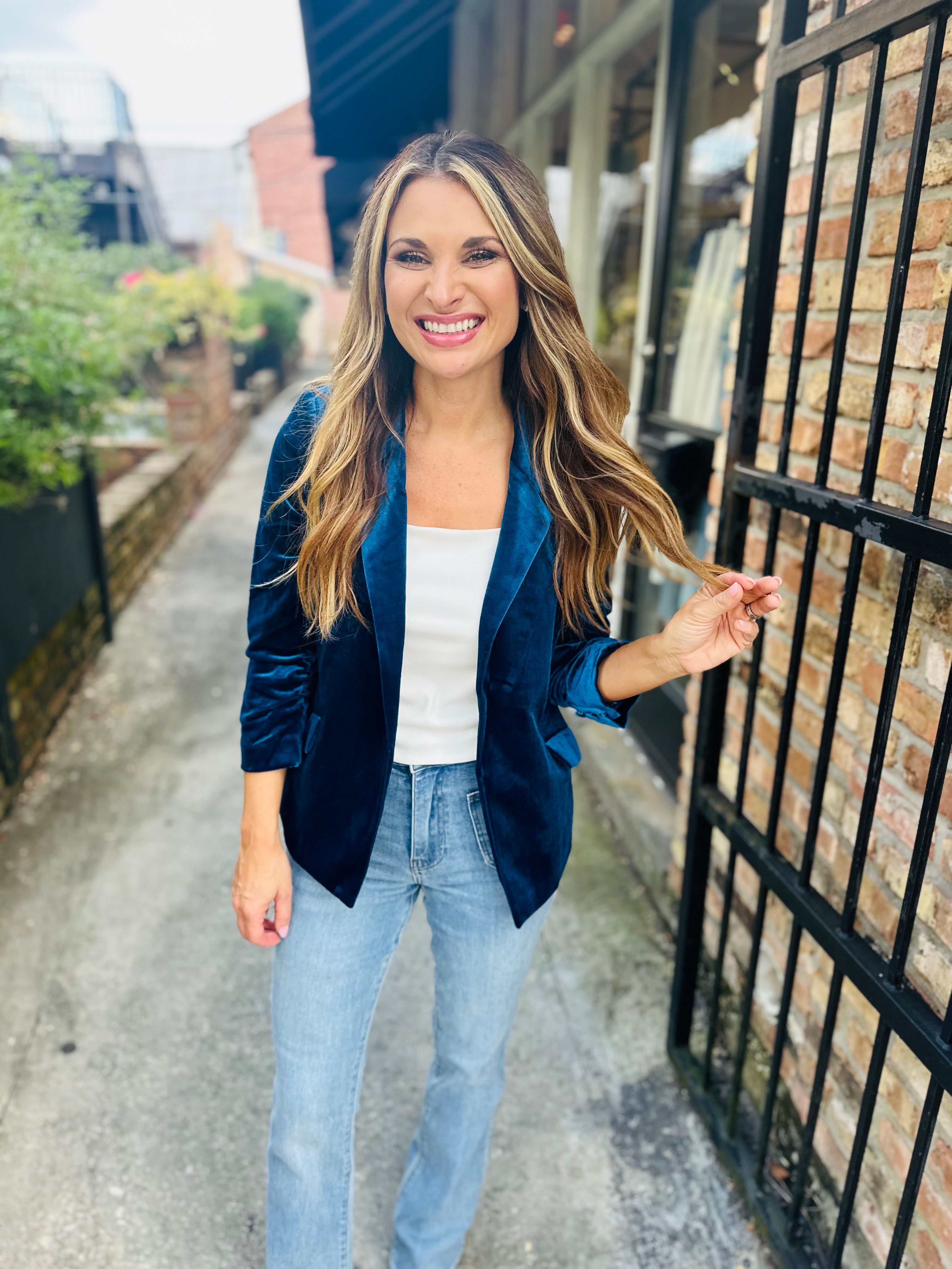Ashley Velvet Blazer- Teal – Hazel Lane Boutique