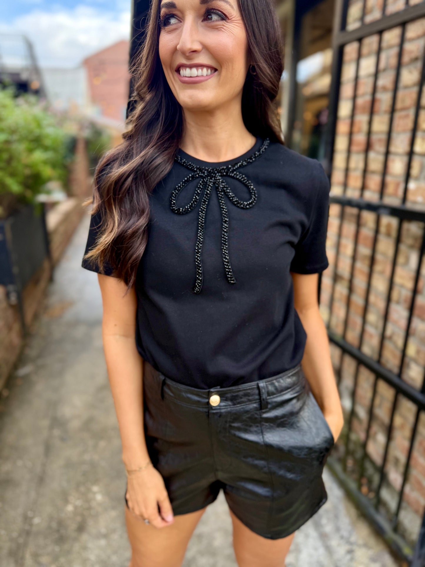 Rhinestone Bow Tee- Black