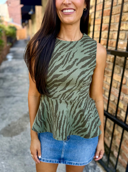 Untamed Zebra Top- Olive