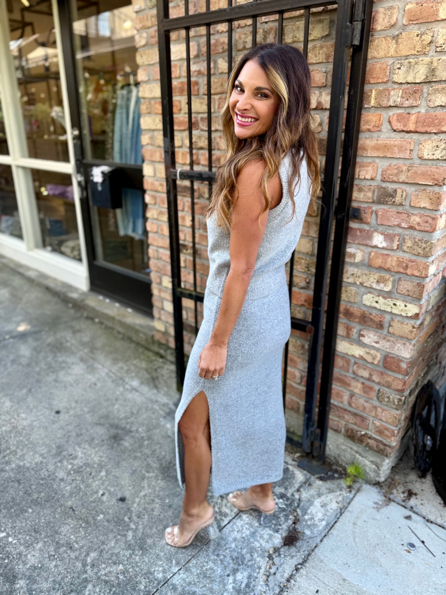 Beverly 2 PC Button Vest & Midi Skirt Knit Set- Gray