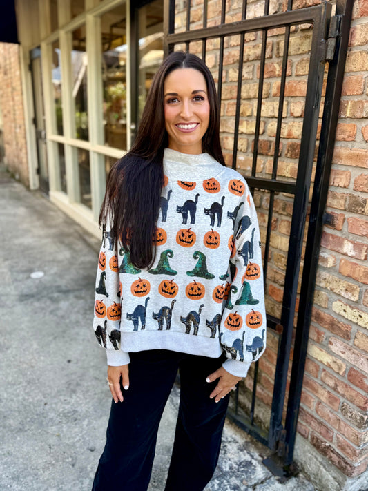 Witch Hat, Pumpkin & Cat Mockneck Sweatshirt