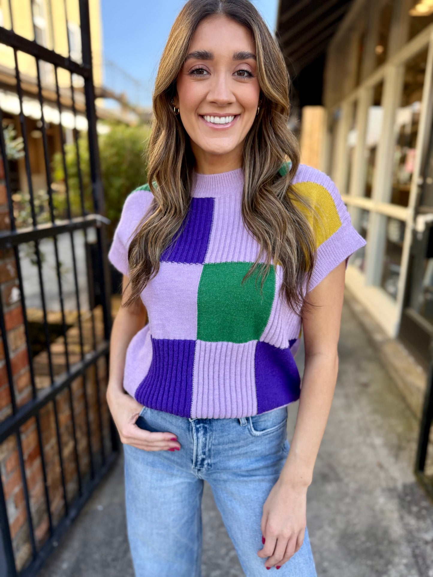 Cleopatra Checkered Sweater Top- Lavender