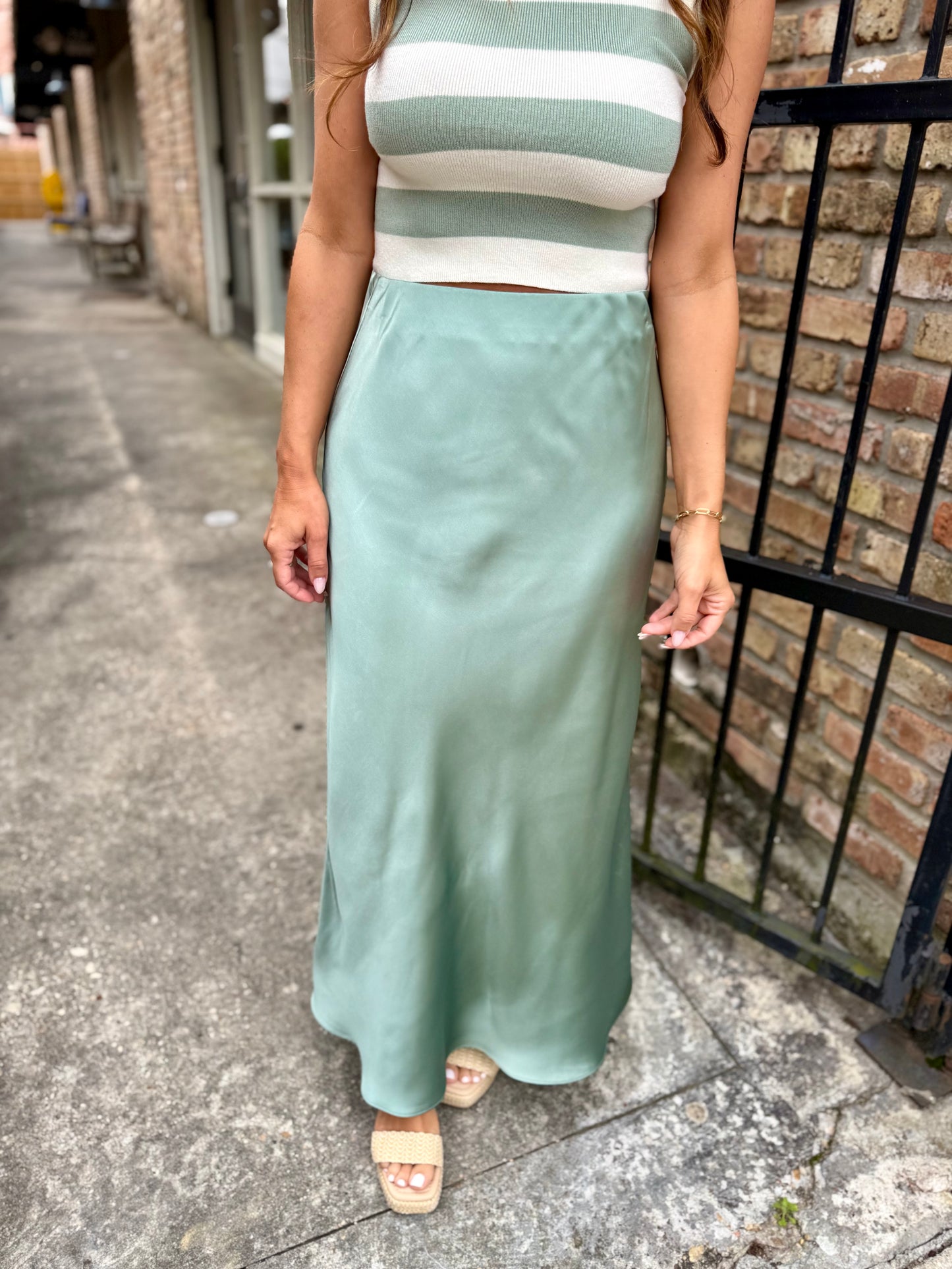 Deano Satin Maxi Skirt- Sage Green