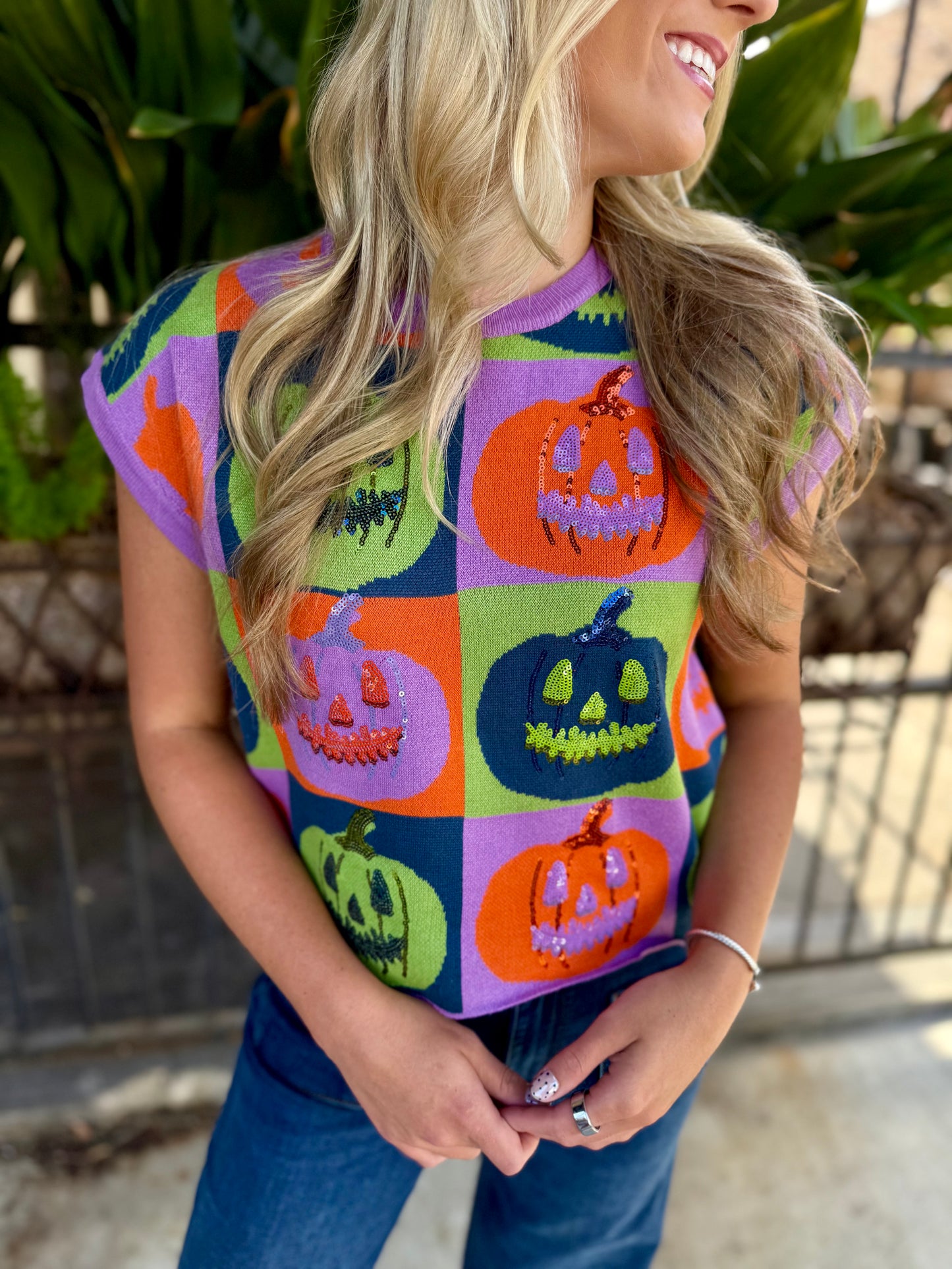 Checkered Pumpkin Knit Top