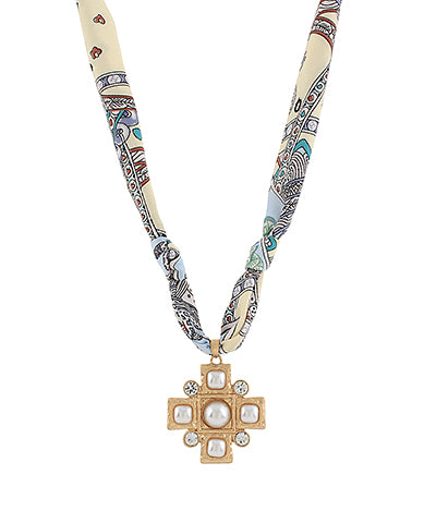 Scarf Necklace- Ivory/Geo Cross