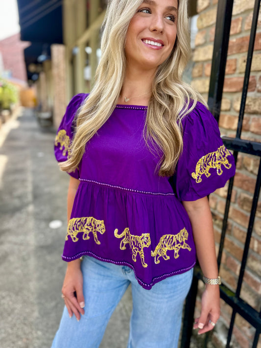 LSU Puff Sleeve Peplum Top
