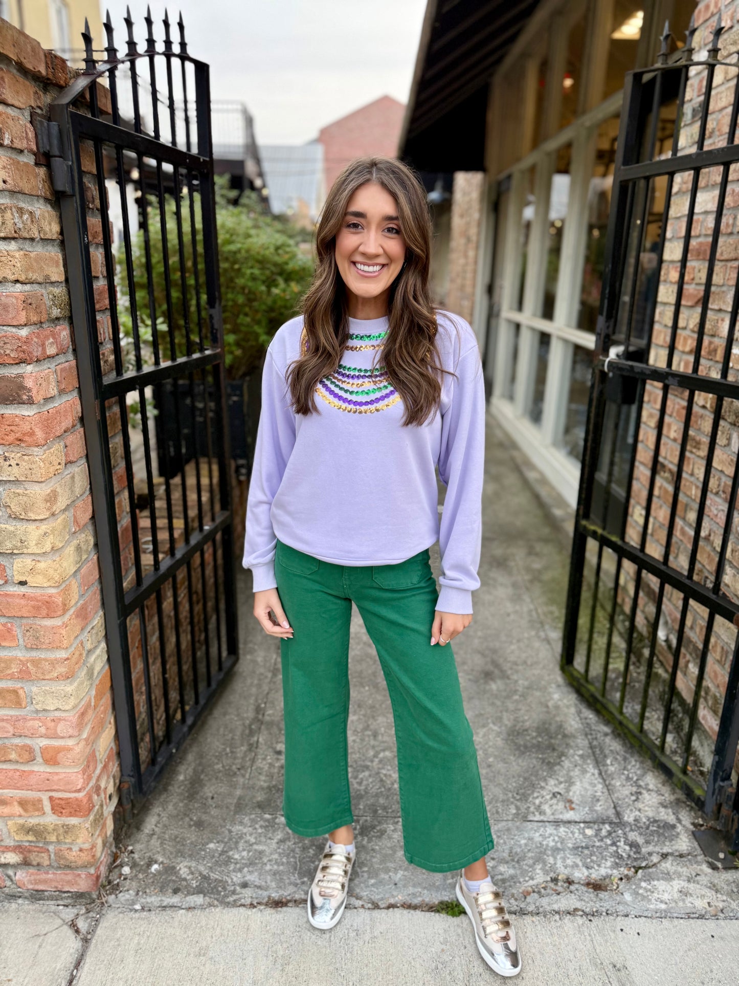 Mardi Gras Bead Sweatshirt- Lavender