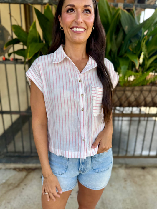 Barry Striped Button Up Top- Pink