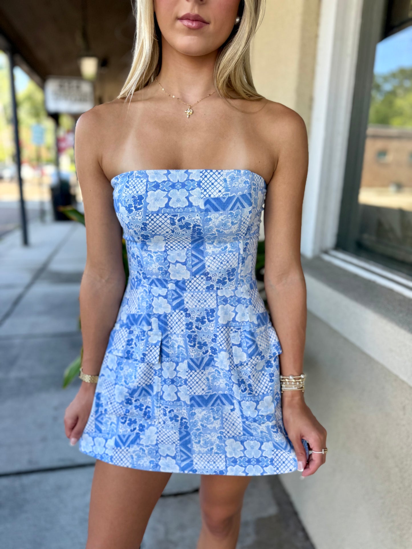 Patched Pattern Tube Mini Romper- Blue