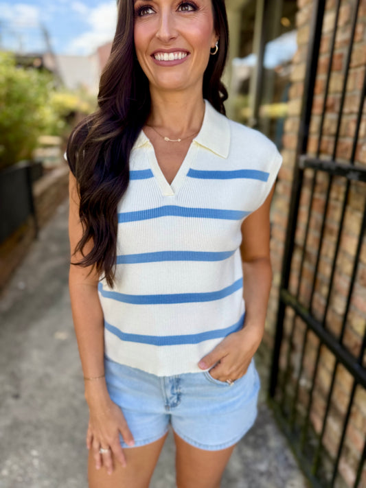 Collared Striped Polo Vest- Baby Blue