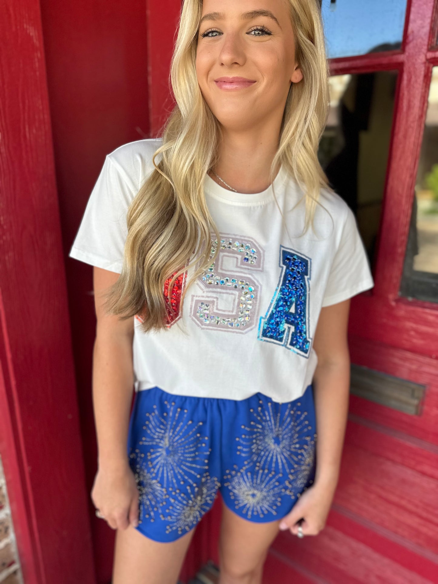 QOS Beaded USA Tee- White