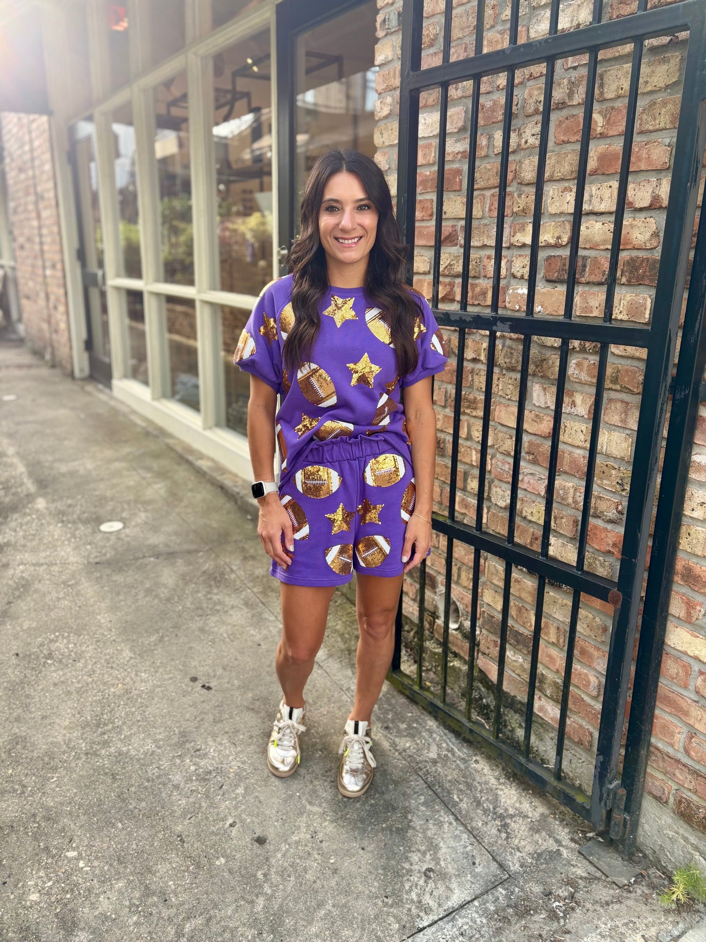 Scattered Football & Stars Shorts- Purple