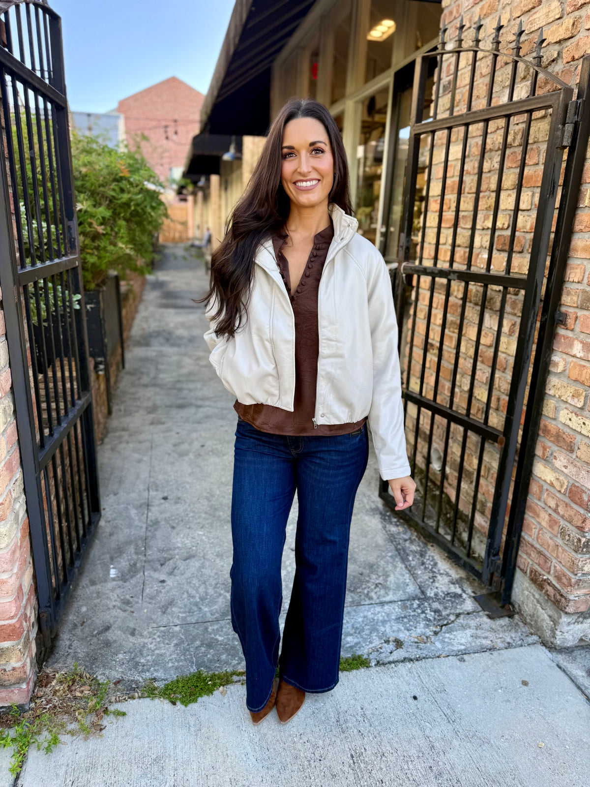 Philly Faux Leather Bomber Jacket- Ivory