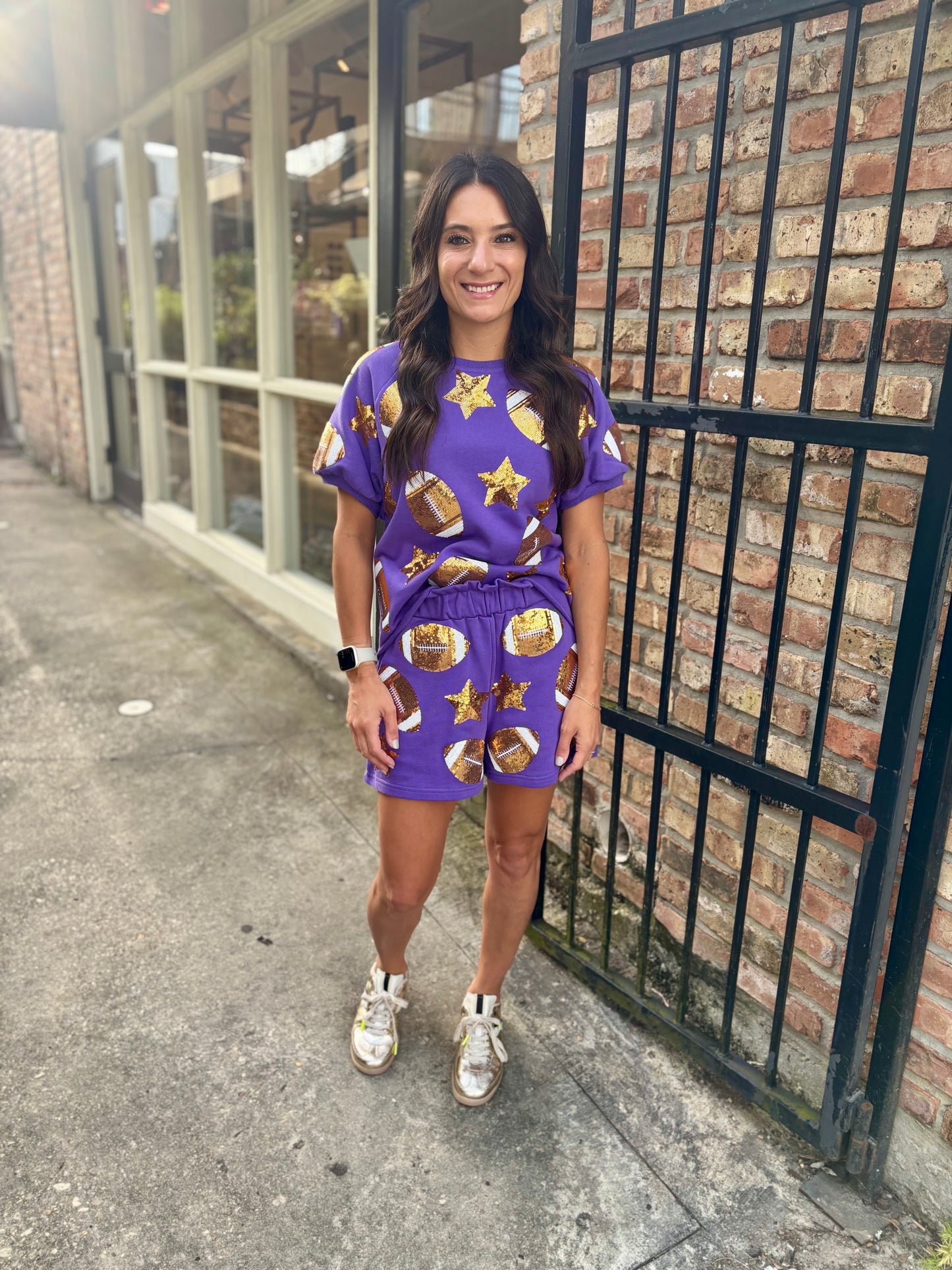 Scattered Football & Stars Shorts- Purple