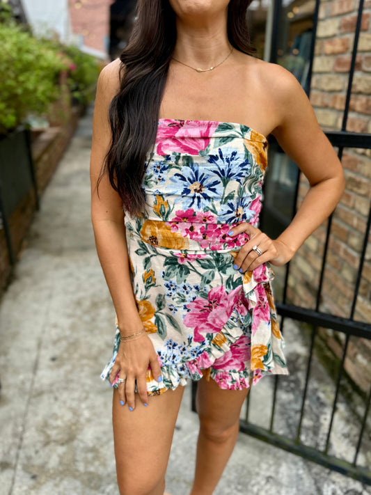 Toni Floral Ruffle Romper- Natural Multi
