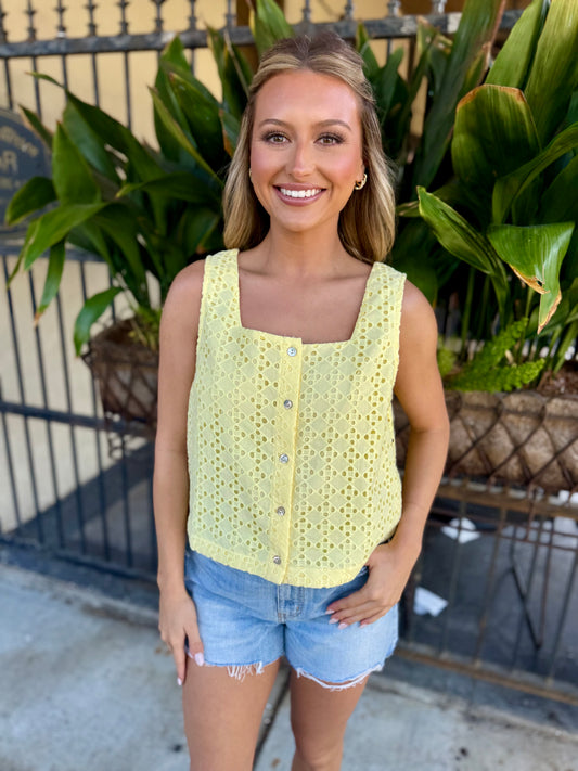 Ellie Eyelet Tank- Lemon