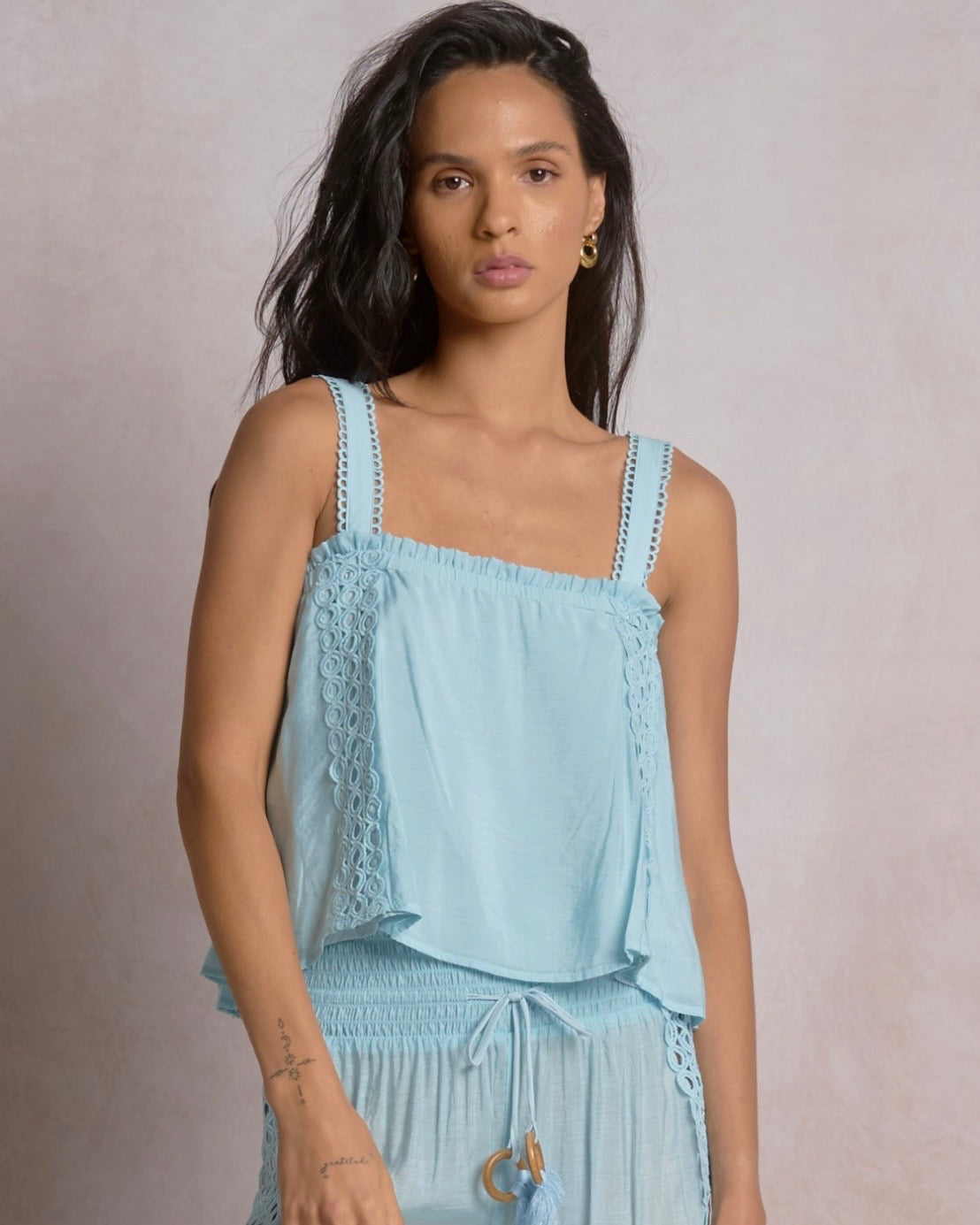 Doha Eyelet Flowy Tank- Blue