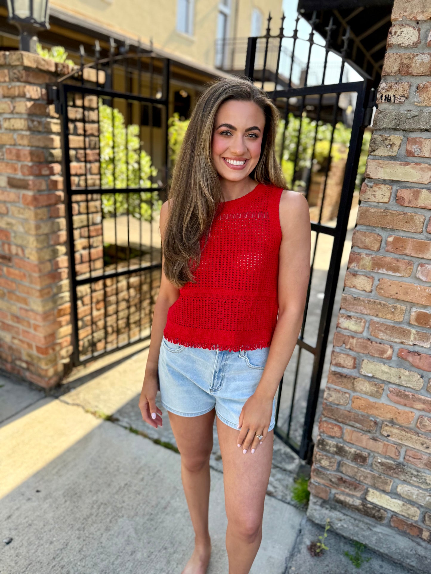 Conklin Crochet Fringe Tank- Red