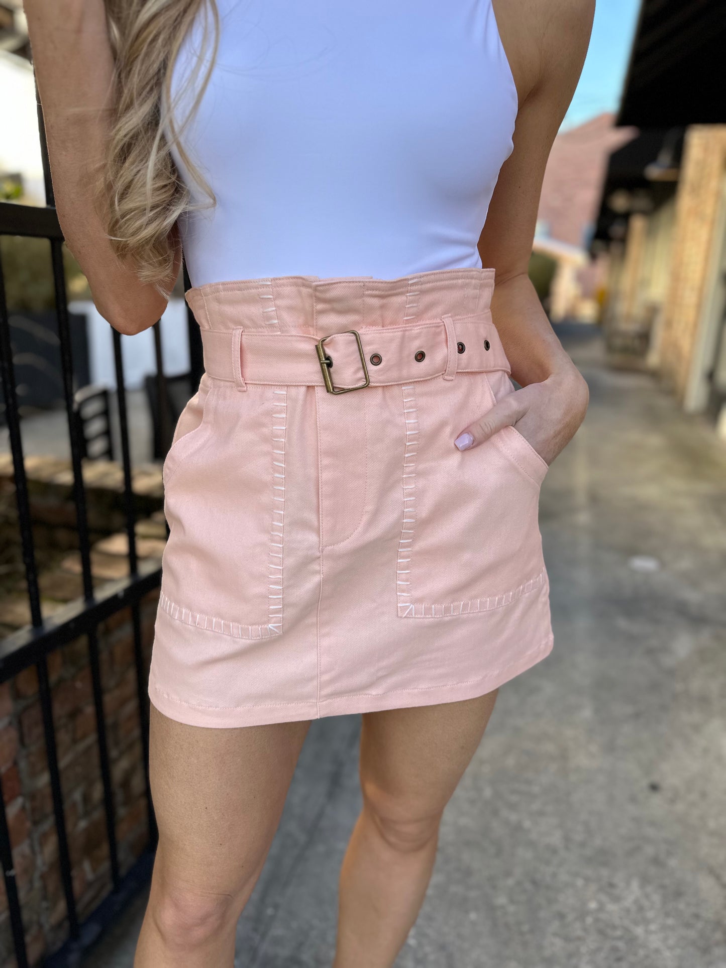 Belted Paper Bag Waist Twill Skirt- Light Pink/Peach