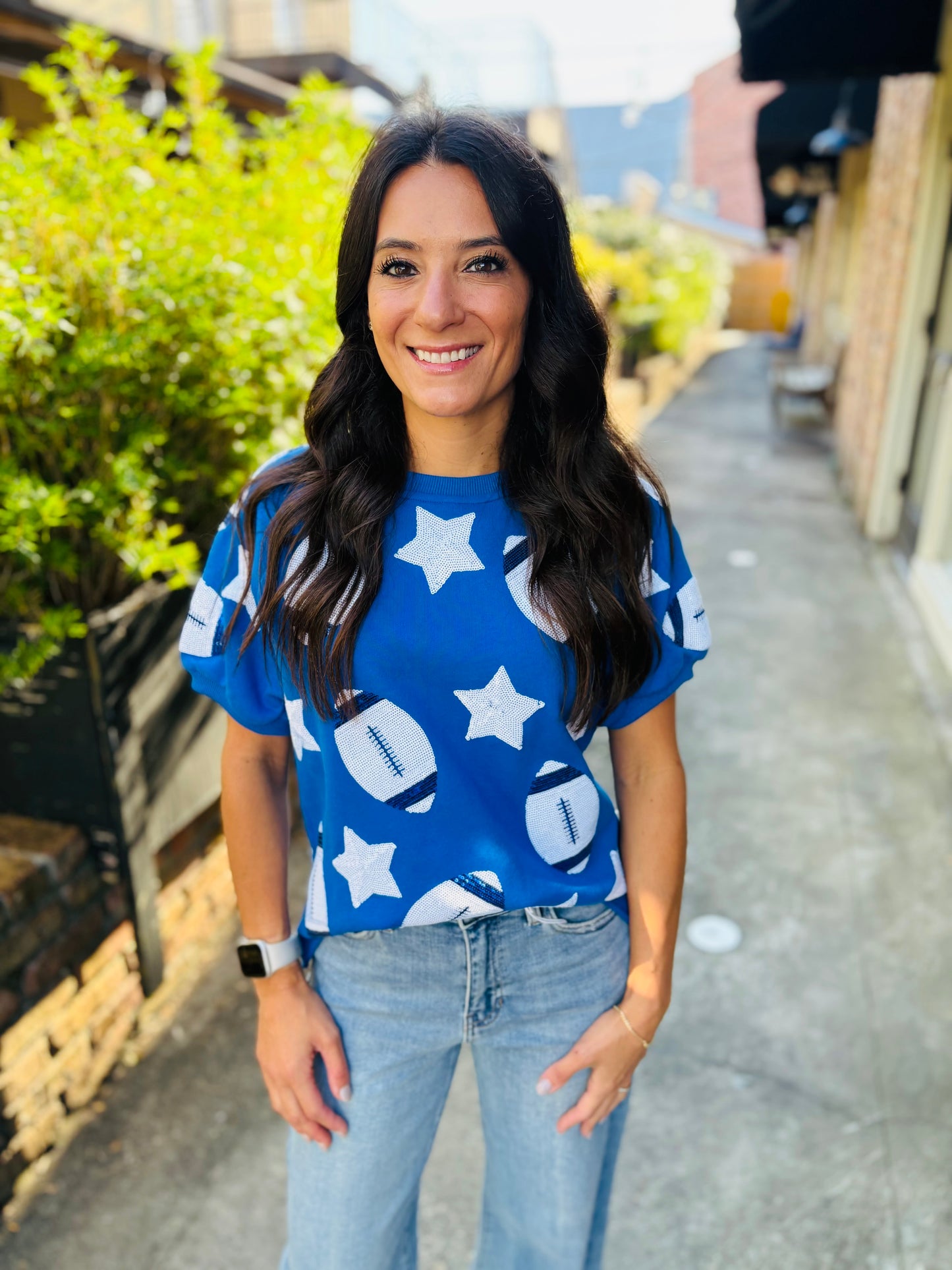 Scattered Football & Stars Top- Royal