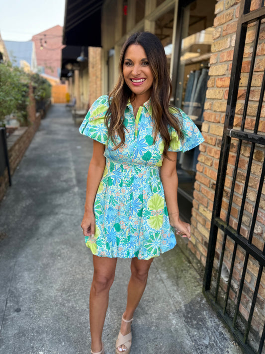Dylan Puff Mini Dress- Lime Multi