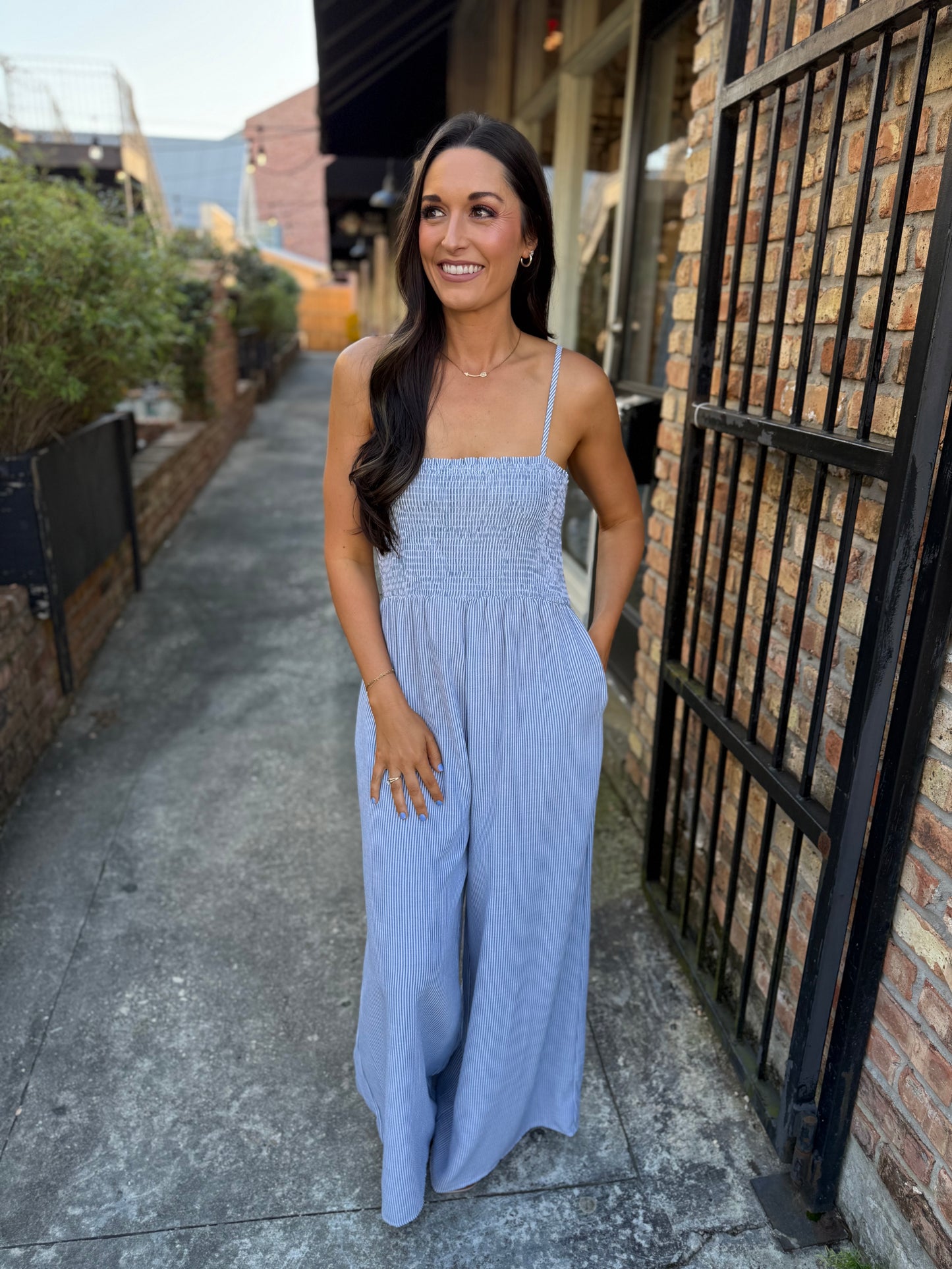 Garden Sun Smocked Jumpsuit- Blue