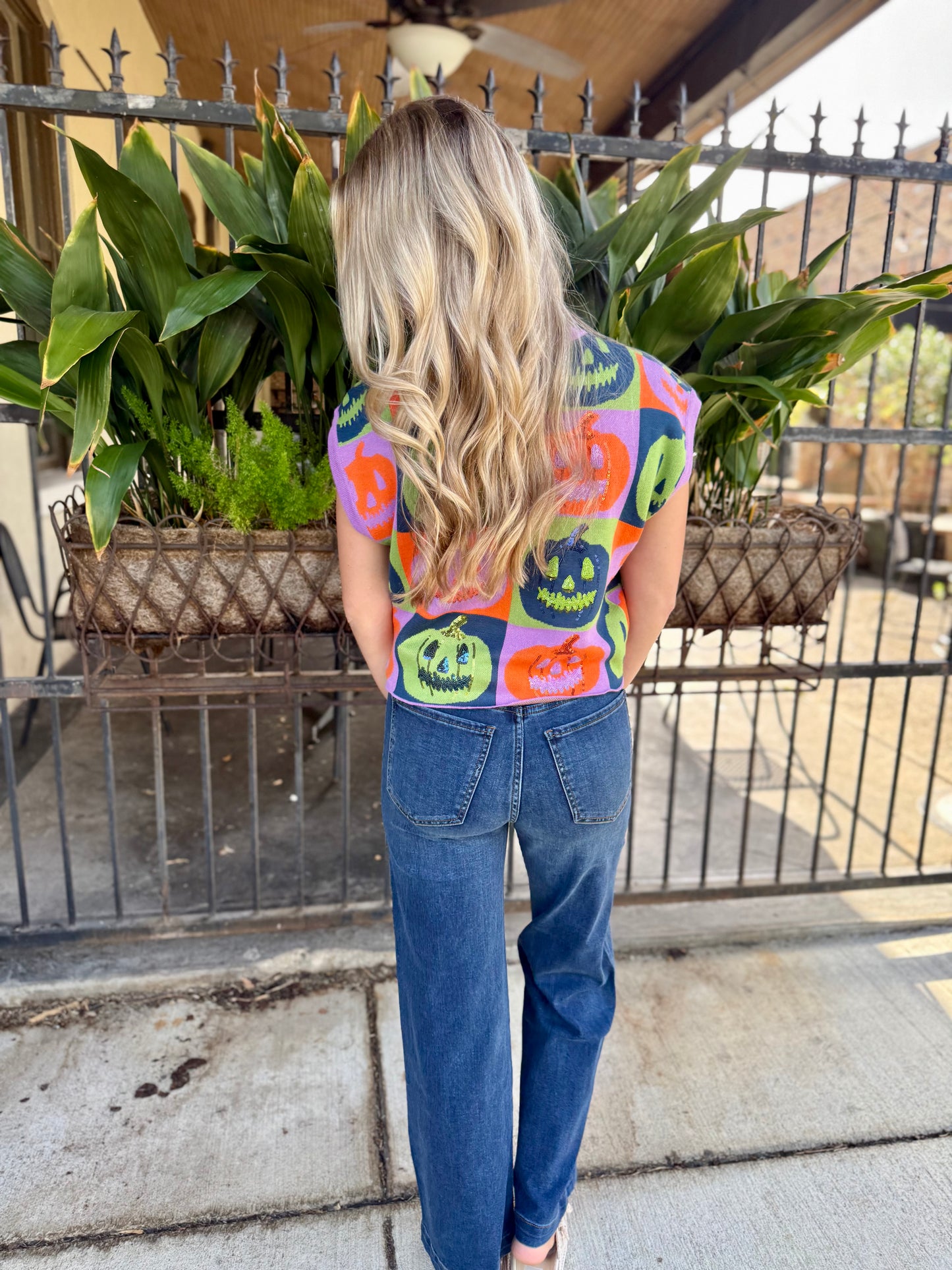 Checkered Pumpkin Knit Top