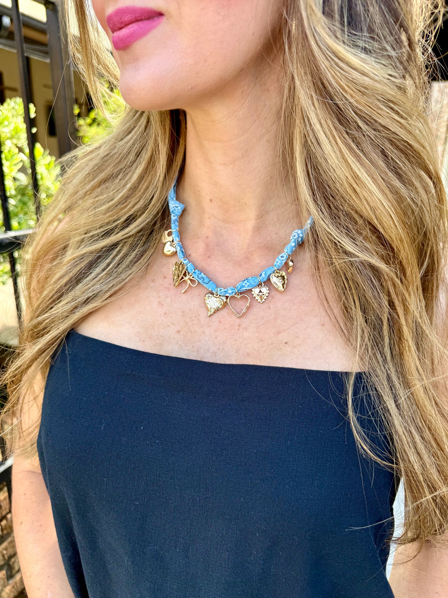 Scarf Necklace- Heart & Bow Multi Charm