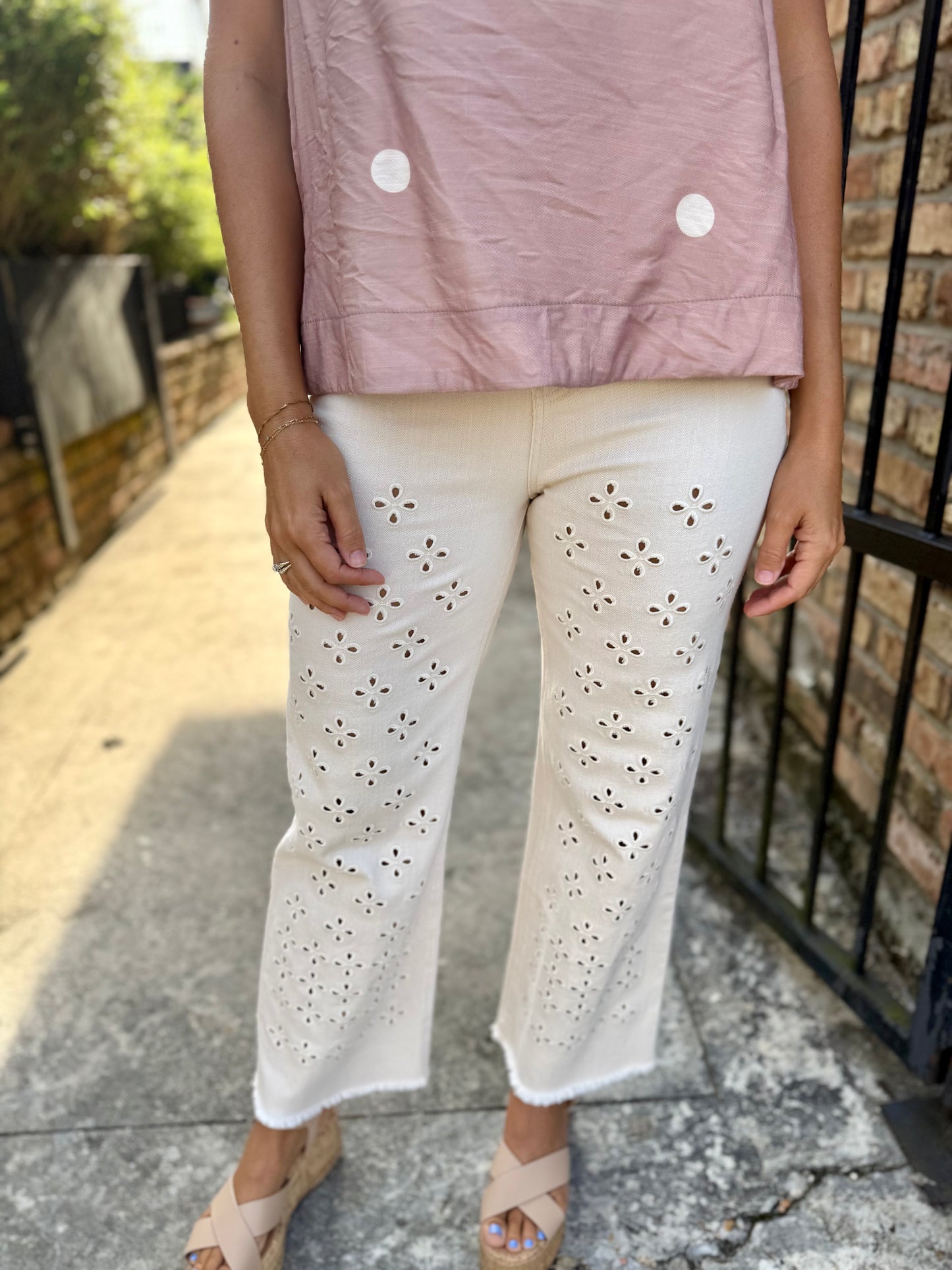 Clear Eyes Eyelet Pants- Cream