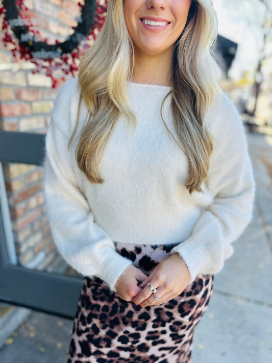 Cropped Fluffy Sweater- Ivory