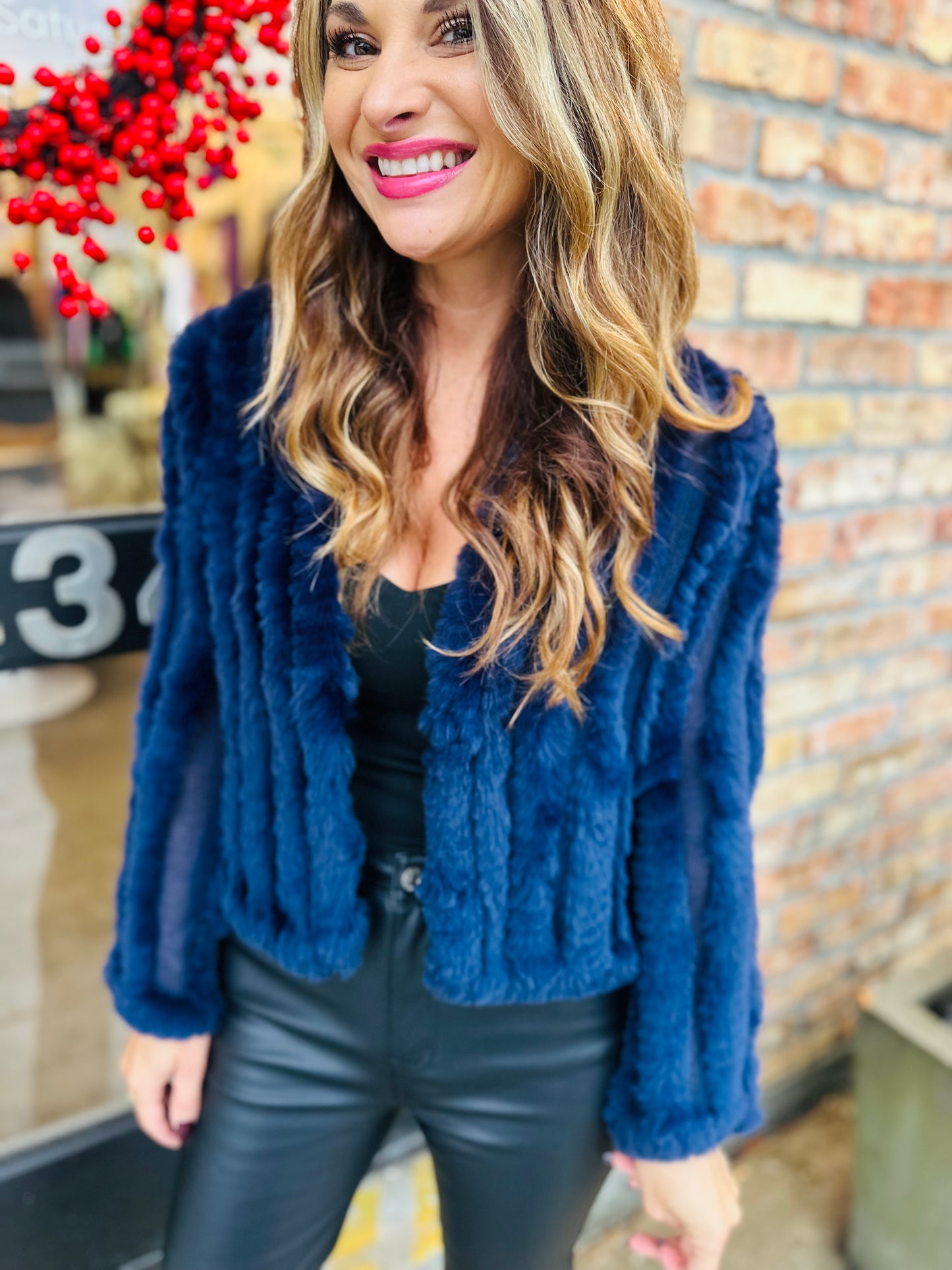 Rosa Faux Rabbit Fur Jacket- Indigo