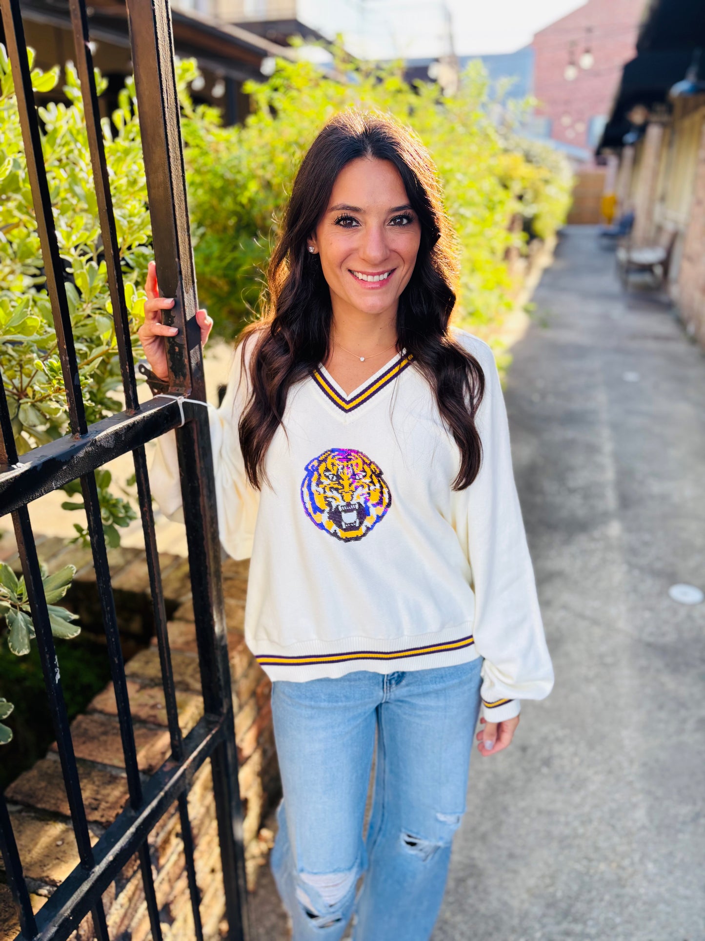 LSU V Neck Mascot Sweater- White